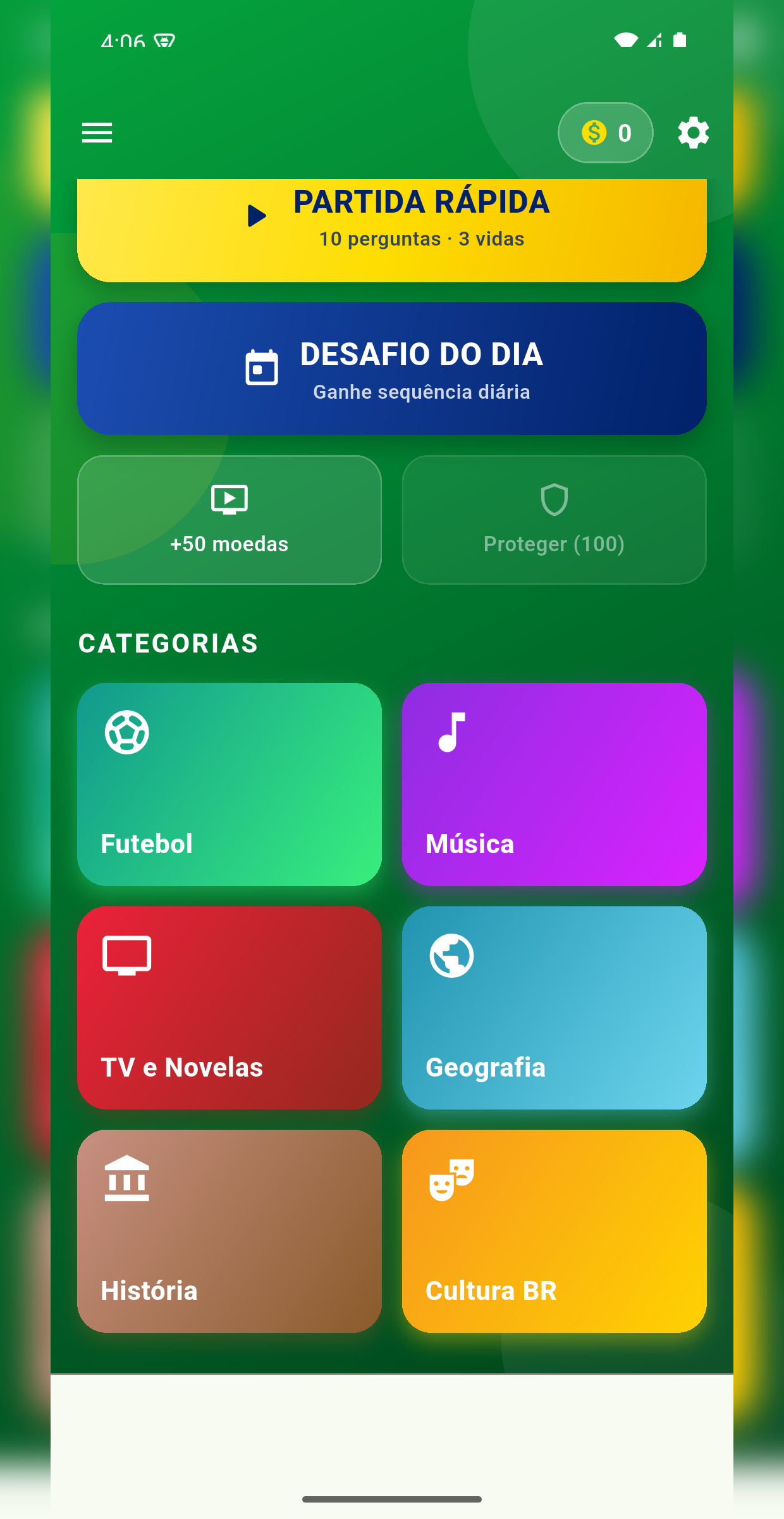 Tela de categorias do Quiz Brasil