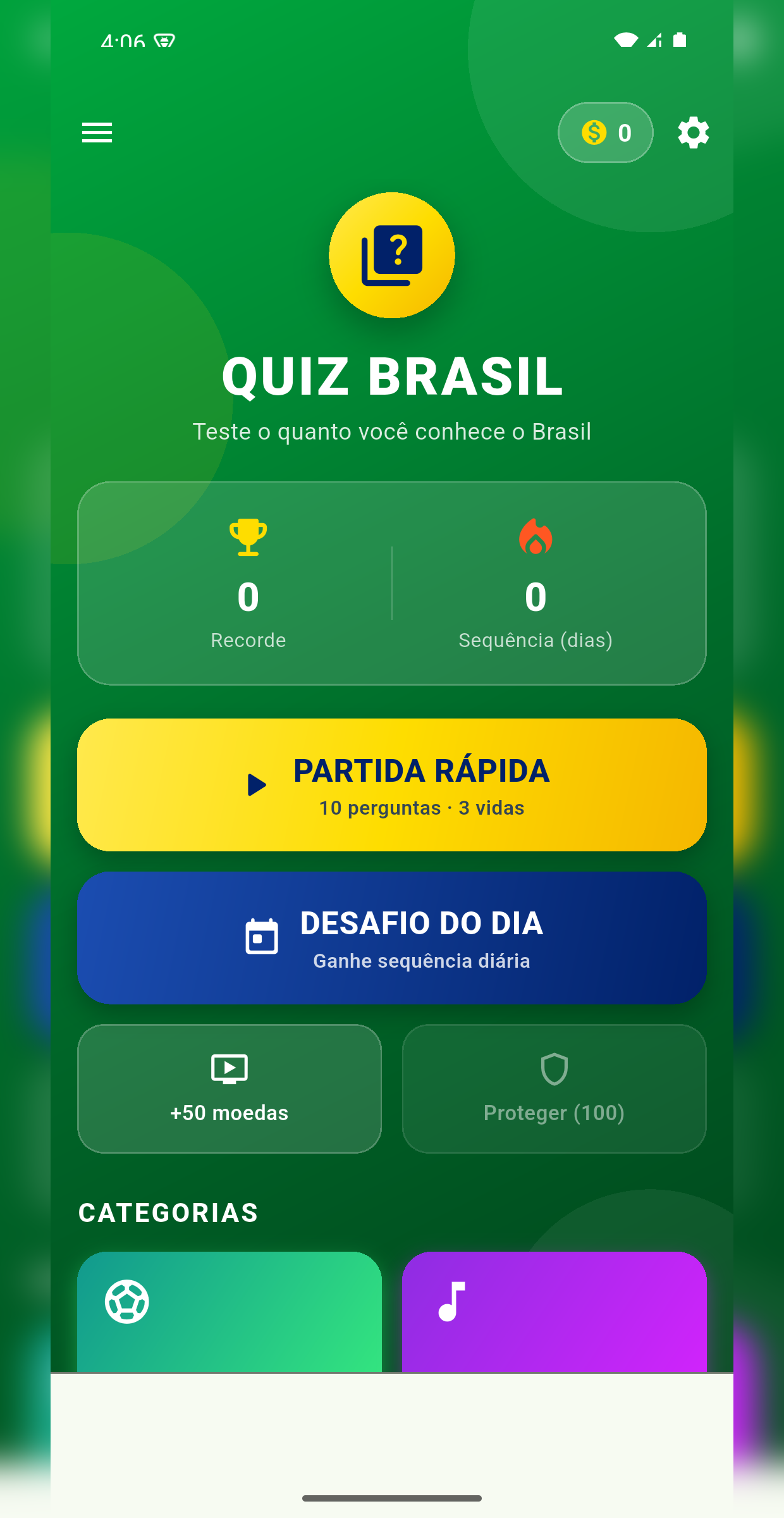Menu principal do Quiz Brasil