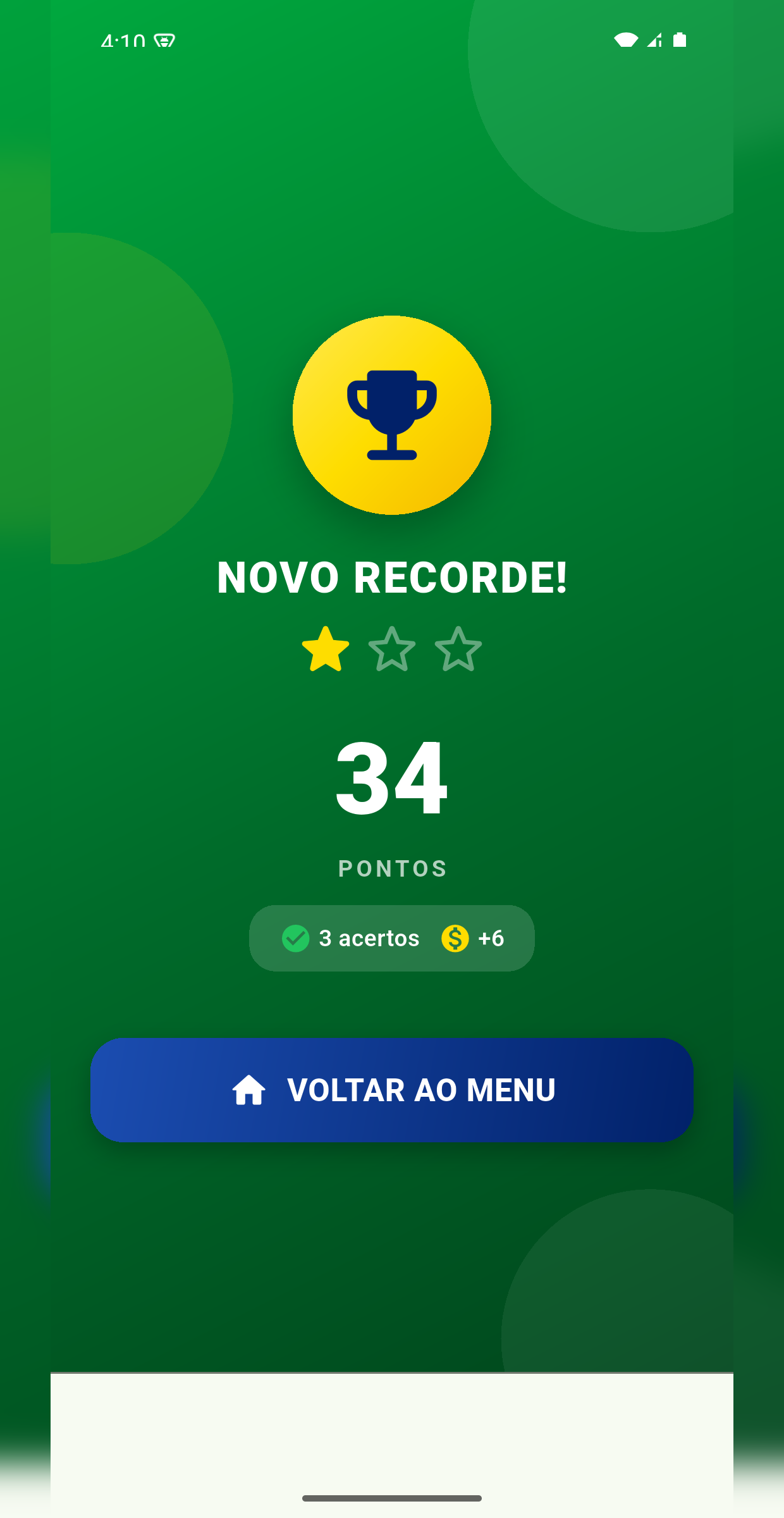 Tela de resultado da partida no Quiz Brasil
